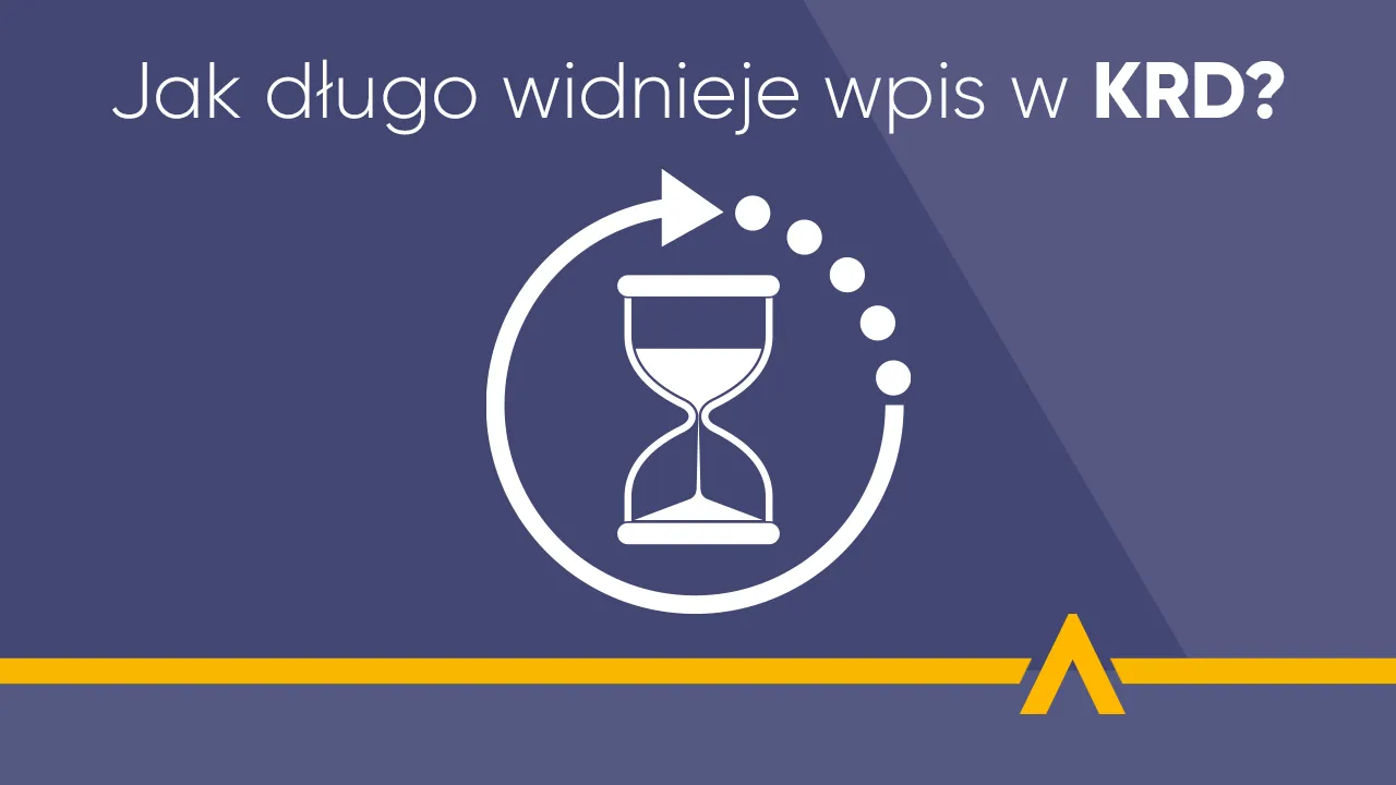 Symbol zegara piaskowego z obracającą się strzałką i napisem "Jak długo widnieje wpis w KRD?"