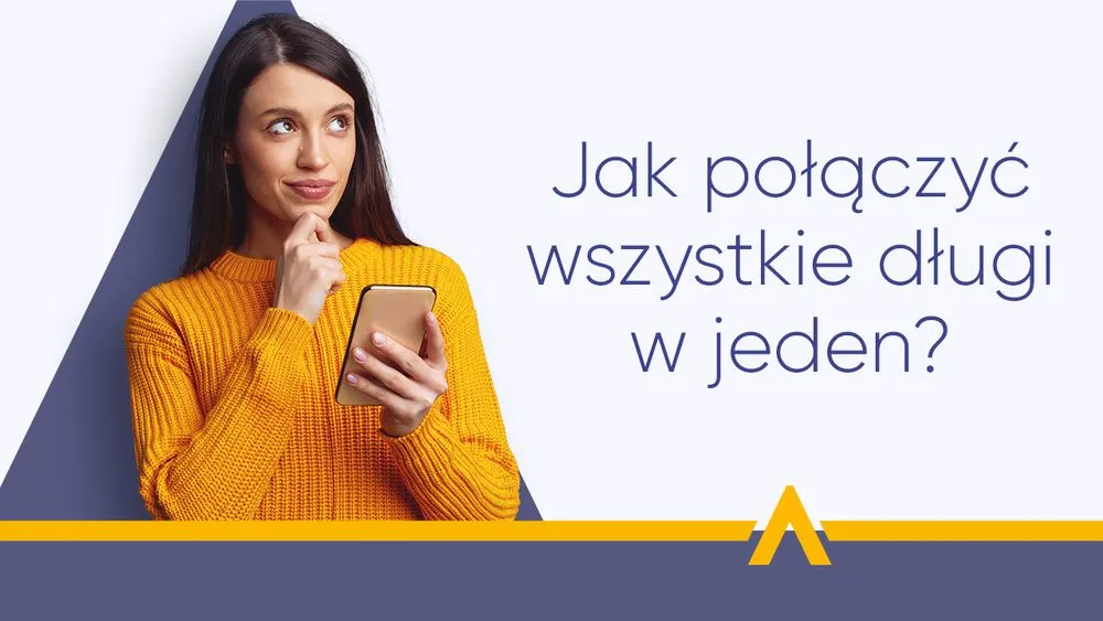 Zamyślona kobieta w pomarańczowym swetrze spoglądająca w bok, obok pytania "Jak połączyć wszystkie długi w jeden?"
